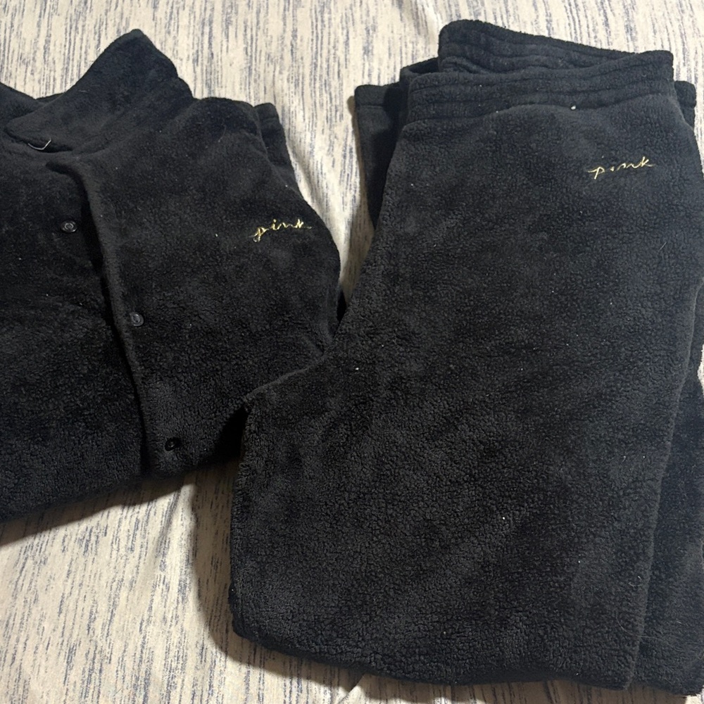 Pink Victorias Secret Black Fleece Pajama Set